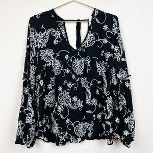 Altar'd State Black White Paisley Print Long Bell Sleeve Top